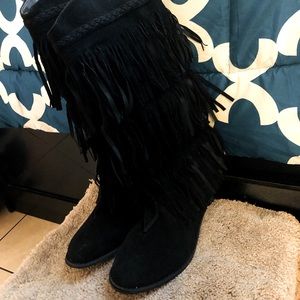 Black Fringed Suede Cowgirl Style Boots